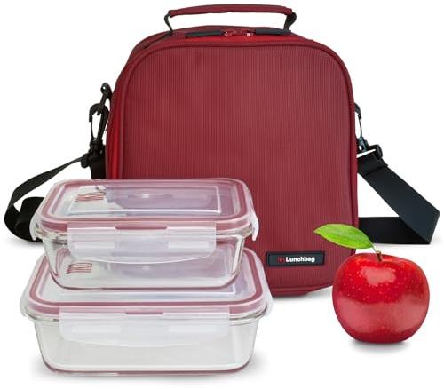 Bolsa Termica Porta Alimentos 3,8l - Lunch Bag con 2 Tapers de Cristal de 0.57l y 0.84l, Bolsa Isotermica de Cremallera Doble, Loncheras de Trabajo impermeable para Oficina, Universidad, Picnic, Roja