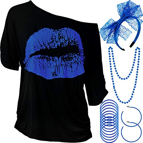 Blulu Set di Accessori per Costumi da Donna Anni '80, T-Shirt con Stampa Labbra Fascia in Pizzo Bracciale Collana Orecchini per Festa a Tema Anni '80(Blu Reale,XXXL)