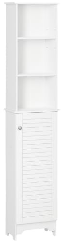 HOMCOM Tall Bathroom Cabinet, Freestanding Slim Bathroom Storage Unit with Adjustable Shelves and Shutter Door, Floor Storage Cupboard with 6 Shelves, 165H x 34W x 20D cm, White