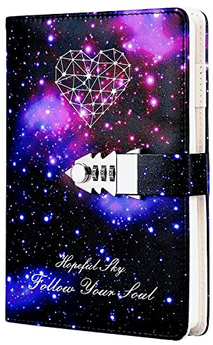 LinYesh PU Cuir mot de Passe Bloc-notes, Conception du ciel étoilé de la Galaxie Carnet de Notes,Cahier/Journal Bloc-notes/Aidemémoire Cadenas Carnet, 215x150mm
