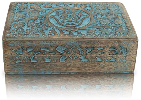 Tolles Geburtstagsgeschenke Handgemachte dekorative hölzerne Schmuckschatulle Hamsa Hand Carving Schmuck Organizer Aufbewahrungskasten Schatztruhe Schmuckstück Halter Schließkasten 20 x 12 cms (Blue)