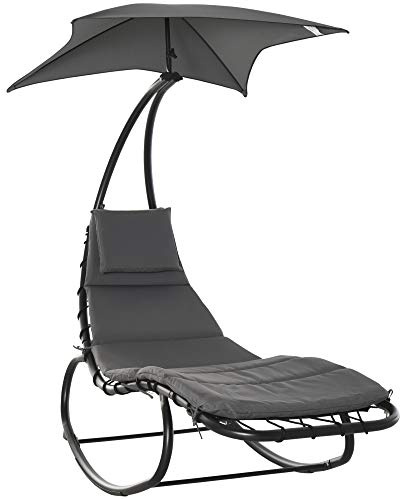 Outsunny Cama Mecedora de jardín, Tumbona, Mecedora de Exterior con Asiento Acolchado y Dosel Gris 185x114x190cm