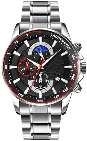 RORIOS Orologio da uomo, impermeabile, analogico, al quarzo, con acciaio inossidabile, alla moda, cronografo, orologio multifunzione, orologio da uomo, argento nero, cinturino, argento nero, Bracciale