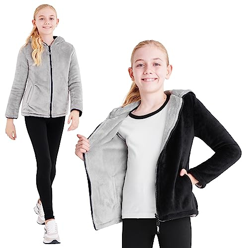 CityComfort Kids Hoodie Fleece, Zip Up Fluffy Hoodie for Boys and Girls, Reversible Kids Fleece Jacket (Black, 11-12 Years)