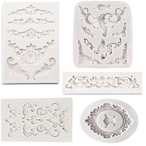 Zasvec Moldes de Silicona para Fondant 5 Piezas Barroca Retro Relieve Moldes Silicona Manualidades Molde de Silicona para Pasteles para Decoración de Pastel Gris