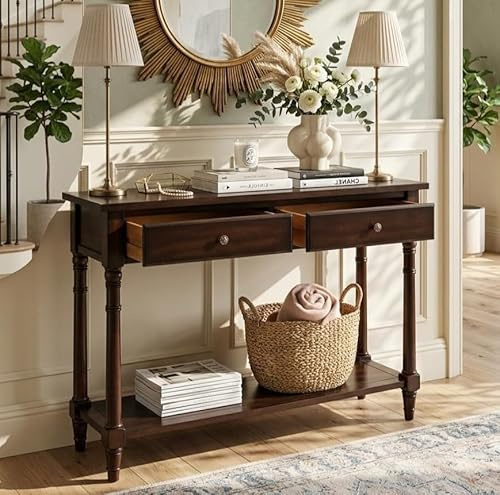 PADMA HOUSE konsolbord, hallbord, hallmöbler, smalt soffbord för vardagsrum, med 2 lådor, öppen hylla, hall, vardagsrum (Valnötsträ)