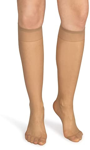 NOQ Calcetines de mujer hasta la rodilla lisos de 15 DEN estilo casual libres de presión semimate transparentes con parte superior cómoda, dos pares, talla única, Altoa única