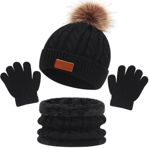 MAILEKT Ensemble Bonnet Echarpe Gant Fille, Enfant Hiver Bonnet Echarpe Gants Ensemble, Bonnet Hiver avec Pompon, Tour de Cou avec Doublure Set Pour Garçon et Fille 2 à 6 ans