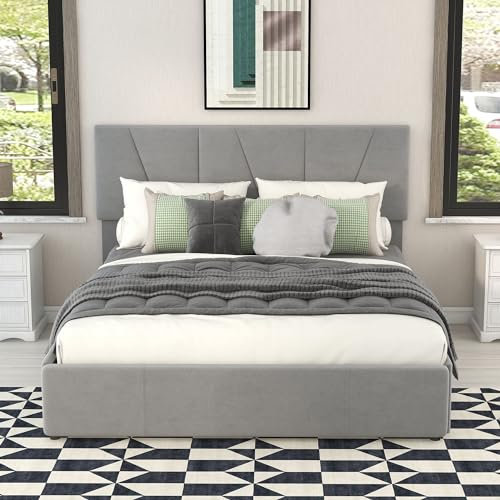 Polsterbett 140 x 200cm mit Lattenrost, Samt Gepolstertes Doppelbett Bettgestell mit Höhenverstellbarem Kopfteil aus Holz mit Großer Stauraum, Funktionsbett mit 4 Schubladen, Grau