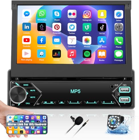 Autorradio Bluetooth 1 DIN con Mirror Link para iOS/Android, Pantalla de 7 Pulgadas Pantalla táctil retráctil Single DIN con Radio FM EQ/USB/Tipo-C Mando en Volante Cámara de visión Trasera 7 Colores