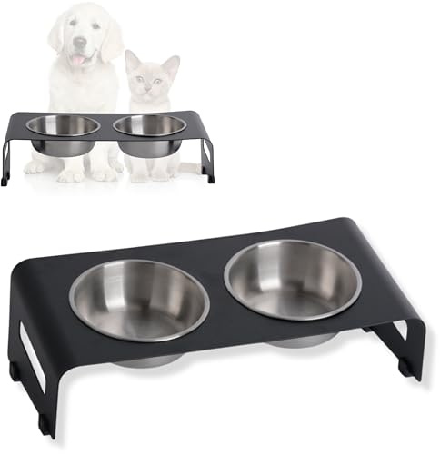 PETLINUS Futterstation Katzen Erhöht, Ergonomischer Katzennapf, Katzen Fressnapf Edelstahl und Metall, Futternapf für Katze + Kleine Hunde, fressnapf Katze erhöht-Schwarz Geneigt