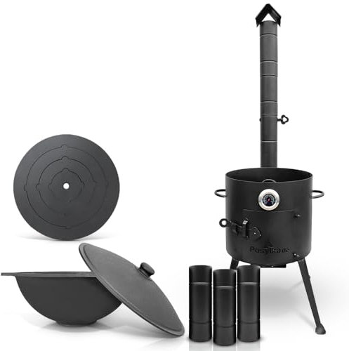 Horno de fuego de 36 cm de diámetro con termómetro y tubo de extensión y placa de cocina, 4 anillas, 40 cm, hierro fundido, Kazan, 10 L, base plana con tapa, diámetro de 36,7 cm, Казан Учаг (Set 541)