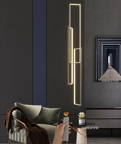 WERSVG LED Schwarz Pendelleuchte Treppenhaus Lang Geometrie Hängeleuchte Dimmbar mit Fernbedienung Modern Treppen Pendellampe Höhenverstellbar, für Villa Foyer Treppenhaus Wohnzimmer 3 Flammig，100W