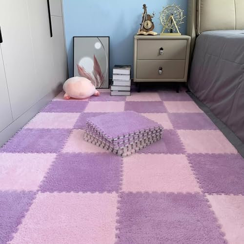 LULUMAIC 48 Stück ineinandergreifende Puzzle-Schaumstoff-Bodenmatten, Teppichfliesen, Plüsch-Puzzle-Bodenspielmatten, Teppiche, für Wohnzimmer, 30 x 30 cm (lila + rosa 0,23 Zoll)