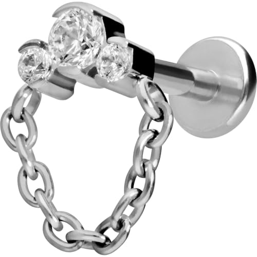 PIERCINGLINE Titan Labret mit Gewinde 3 EINGEFASSTE KRISTALLE + KETTE Piercing Ohr Nase Silberfarben 1,2 x 8 mm