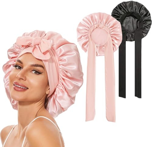 Catelves 2 Satin-Schlafhauben Bonnet, Verstellbar, Rosa/Schwarz | 36 cm Durchmesser Mit Breitem Bindeband, Für Lange Haare, Locken Und Zöpfe, Zwei Farben Für Alltag Und Reise