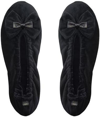 GLOVE STORY Pantuflas Bailarina de Interior para Mujer en Terciopelo con Suela de Cuero Suave - Material Suave y Cómodo - Pantuflas Bailarina Suaves para Mujer - Hechas a Mano (Negro M)