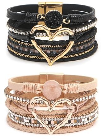 COAUXOG 2Pcs Boho Bracelets Woven Leather Multi-Layer Wrap Bracelet with Heart and Rhinestones,Versatile Stackable Jewelry Cuff Bracelet for Women (Black+Rose Gold)