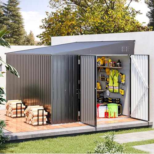 UNIONLINE 8x10ft Lean to Metal Garden Shed | Outdoor Storage | Double Lockable Door | Tool Bike Storage House | Galvanised Waterproof | Backyard & Garden | Dark Grey | Base Size:239x300cm
