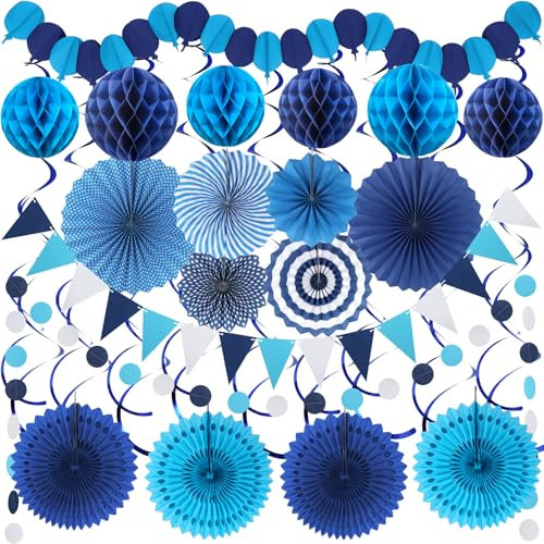 Blue Party Decorations, Easy Assembly Paper Fan Honeycomb Ball Garland Hanging Swirl Navy Blue Party Supplies for Men Graduation Birthday Bridal Shower Baby Shower Decorations