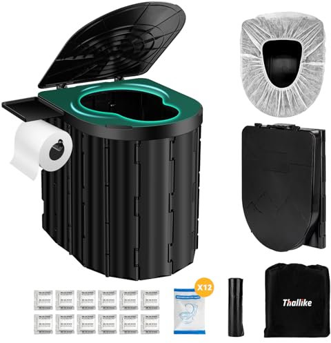 Thallike Portable Camping Toilet with Pop-Up Privacy Tent, 12-inch Toilet Seat, Outdoor Portable Folding Toilet Potty for Adults Load Capacity of 400 Lbs, LED-Light Camping Bathroom (Black(NO Tent))