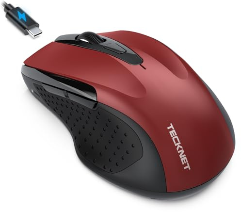 TECKNET Bluetooth Mouse Jiggler, Rechargeable Wireless Mouse (BT 5.0/3.0+2.4G) with Build-in Jiggler Mover Keeps Computer Awake, 4800 DPI Silent Ergonomic 6 Buttons Mouse for Laptop, Red