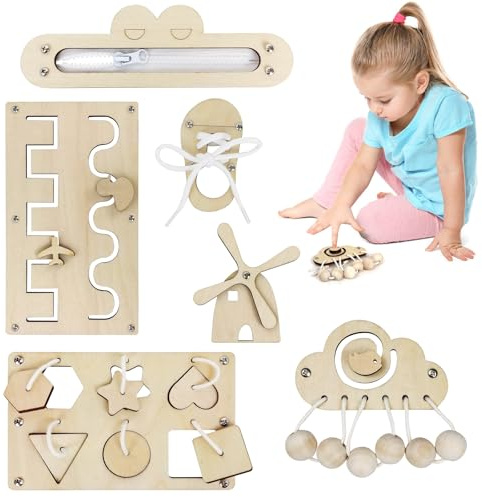 6Stks Hölzernes Busy Board, Aktivitätsbrett, Holzspielzeug Tätigkeitsboard | Busy Board Zubehör Lernspielzeug aus Holz, mit Formen Reißverschluss und Schnallen, fördert Feinmotorik für 1 bis 6 Jahre