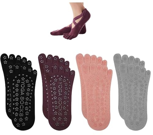 flintronic 4 Pares Comodos Calcetines Yoga Pilates para Mujeres, Antideslizantes Yoga Calcetines de Cinco Dedos Separados Mujer, Correas Calcetines de Yoga Dedos Separados para Fitness Pilates Yoga