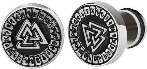 JewelryWe Boucles d'Oreilles Homme Viking: Faux Plug Clous d’Oreilles en Acier Inoxydable Valknut avec Symboles Runiques, Style Nordique Punk, Cadeau Original Anniversaire