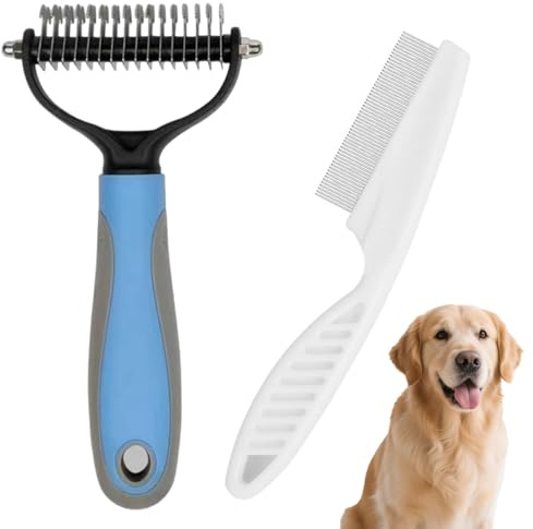 Dematting Comb for Dog & Cat, 2 Pcs Double Sided Pet Grooming Brush & Deshedding Tool, Pet Grooming Rake Removes Knots Tangled Loose Hair for Small Medium Large Dogs Cats (Blue)