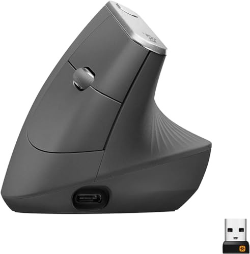 Logitech MX vertikal trådlös mus — ergonomisk design minskar muskelbelastning, flytta innehåll mellan 3 fönster och Apple-datorer, uppladdningsbar, grafit