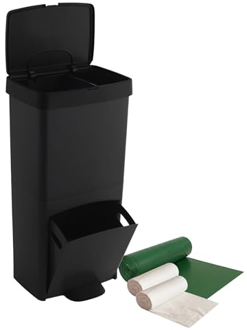 Pack Cubo de basura o reciclaje 70L, VERTICAL, 2 Compartimentos, Papelera residuos INCLUYE bolsas de basura adaptadas: 1 rollo 50L (10 bolsas) + 1 rollo 30L (20 bolsas)