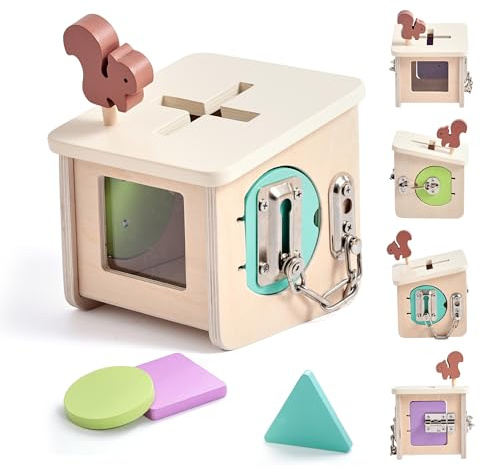 WOODEN TEETHER motorikkub av trä, Montessori leksak baby, motorikleksak för baby, leksak motorikrosett, träleksak från 1 år, aktivitetscenter, presenter till flickor (låslåda)