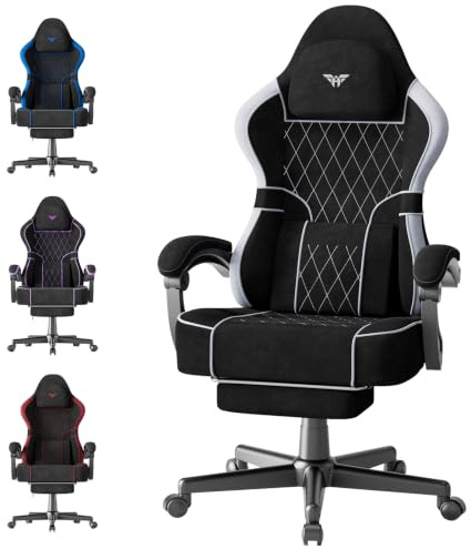 Ferghana Gaming Stuhl，Gaming Stuhl Ergonomisch，Bürostuhl aus Stoff PVC-Leder, Gamer Chair mit Verstellbare Kopfstütze，Lendenkissen，Armlehnen，Fußstütze，PC Stuhl für Office Gaming,Schwarzgrau,Matt-Samt