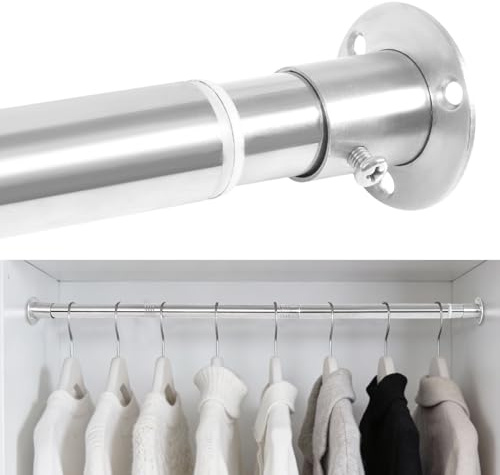 KINGSOW Silver Extendable Wardrobe Rail 64.5-130cm Heavy Duty 25mm Stainless Steel Clothes Hanging Rail 25kg Load Capacity for Bedroom Closet Laundry