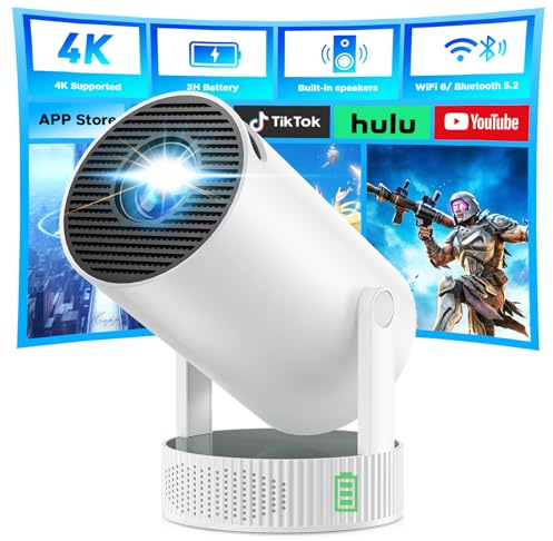 Vidéoprojecteur Portable Compatible 4K avec Batterie, Mini Projecteur avec Android TV 11 WiFi 6 Bluetooth Batterie 3H, Rotation 220° Auto Keystone, Rétroprojecteur Cinéma Maison Extérieur Camping