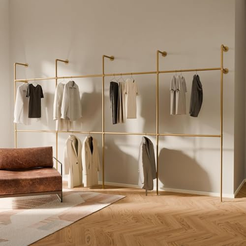 pamo Klädstång väggmontering 392 x 222 cm – klädbar garderob öppen klädställning industriell guld av metall vattenrör – 560 kg lastkapacitet