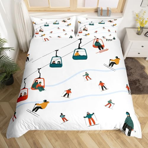 Erosebridal Skiing Games Toddler Duvet Cover Winter Sports Theme Bedding Set Snow Mountain Skiing Comforter Cover for Kids Boys Girls,Ski Resort Bed Set