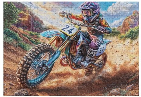 Piloto de Motocross montaña Bicicleta Todo Terreno Aventura Salvaje Puzzle 300 Piezas Obra De Arte 3D Rompecabezas para Hombres Y Mujeres Desafío Intelectual Estera Portátil DIY Moderno 300 PCS