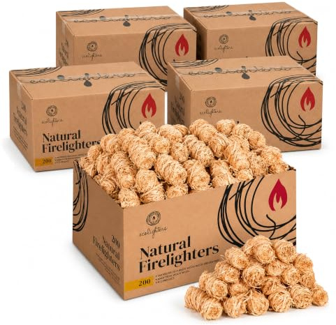 Ecolighters 1000 Natural Firelighters, Wood Wool Fire Lighters for Wood Burners, BBQ, Stove, Pizza Oven and Fire Starters, 5 Boxes of 200