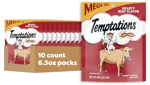 Temptations Classic Soft Cat Treats, Hearty Beef Flavor, Crunchy Cat Treats, 6.3 oz. Pouch (Pack of 10)