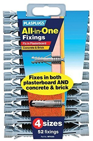 All in One Multi Purpose Multi Fix Use Assorted Size Wall Plugs Heavy Duty Raw Rawl Plug Fixings Brick Stone Cement Concrete Hollow Cavity Partition Partitioning Drywall Professional Hanging Clamps Screw Fixing in Different Sizes Pack of 52