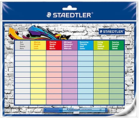 STAEDTLER Stundenplan Lumocolor, selbsthaftend und wiederverwendbar, trocken abwischbar, inklusive Lumocolor correctable und Stiftklemme, 641 SP2