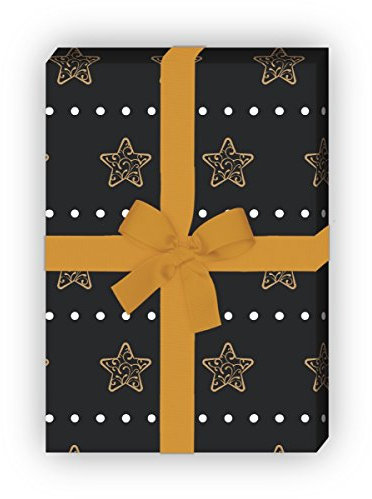 Kartenkaufrausch Schönes Streifen Weihnachtspapier, Geschenkpapier Set zu Weihnachten mit Ornament Sternen, grau schwarz, für liebe Geschenkverpackung, DIY Projekte, Basteln, 4 Bogen, 32 x 48cm