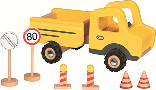 Baustellenfahrzeug mit Verkehrsschildern: 23,2 x 12,6 x 12 cm, Holz, per Stück