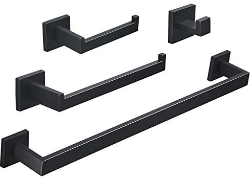 Beelee 4 Piezas Set de Accesorios de baño, Acero Inoxidable, Toallero de Barra Portarrollo de Papel Higiénico Gancho Anillo de Toalla, Montaje en Pared, Pintura Negra, BA199SET-4B