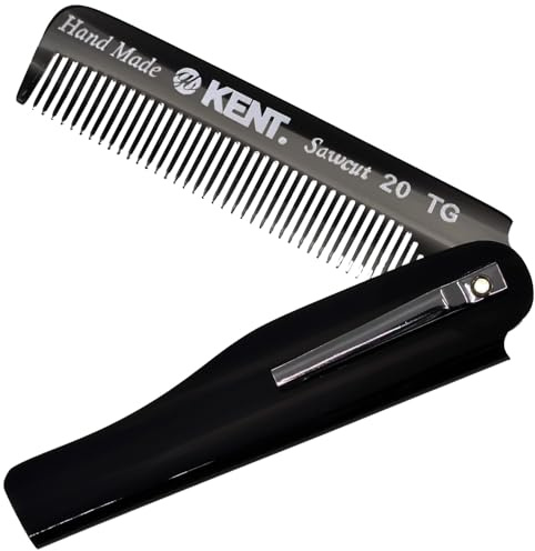 Kent 20T Black Graphite Handmade Folding Pocket Comb for Men, Fine Tooth Hair Comb Straightener for Everyday Grooming Styling Hair, Beard or Mustache, Use Dry or with Balms, Saw Cut, Made in England