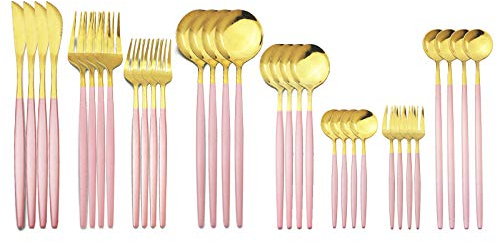 JASHII 32-teiliges Besteck-Set mit Kuchengabel, langem Griff, Löffel, Besteck-Set aus Edelstahl, Besteck-Set für 4 ausgefallene Essgeschirr-Sets, spülmaschinenfest (Pink und Gold)