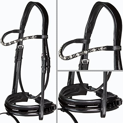 Heinick-Reitsport Trense anatomisch Motion Schwarz Lack breites RH mit Zaumhaken ~ Warmblut ~ (Glow-White-Ash)