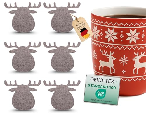 kontor28® - Untersetzer Weihnachten aus 100% Reinem Wollfilz | Filzuntersetzer Weihnachten Made IN Germany - 6er-Set - Motiv Elch | Weihnachtsuntersetzer schmutz- und wasserabweisend, Farbe Grau